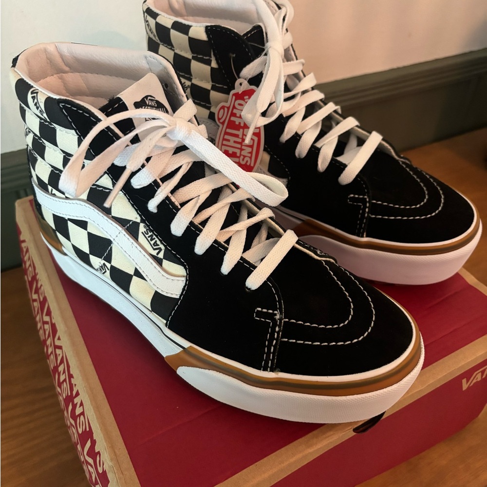Vans Black and White Checkered High-Tops with Gold Accents